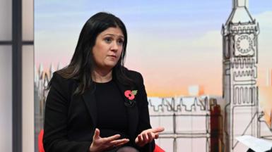 Lisa Nandy in the Sunday with Laura Kuenssberg studio. She is dressed is in black and wearing a remembrance poppy. 