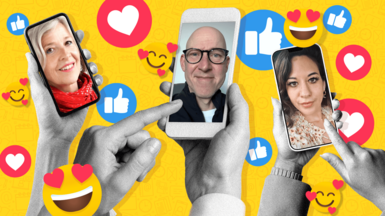 Pictures of Danyah, Alun and Emily on a phone screen in front of a yellow background with like and love social media signs around them
