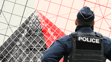 A designed image of a policeman looking out towards the Louvre