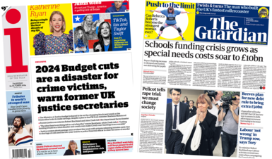 The headline in the i reads, "2024 Budget cuts are a disaster for crime victims, warn former UK justice secretaries", while the headline in the Guardian reads, "Schools funding crisis grows as special needs cost soar to £10bn".