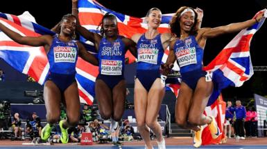 Great Britain's women's 4x100m team celebrate winning European gold