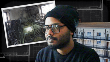 A composite image featuring Nazmush Shahadat in the middle, a south Asian man with a beard who wears dark-rimmed aviator style glasses, a black beanie and a black jumper. In the background are images of the multistory block of flats where he lived, with walkways along each floor, and an image after the fire of burnt-out bunk beds where he and other flatmates used to sleep. The images are overlaid over architectural plans in grey lines on a black background.
