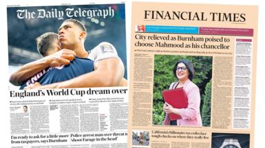 Newspaper headlines: 'England's World Cup dream over' and 'Mahmood for Chancellor'