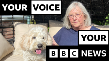 Avril is sitting outside in a blue top. She is sitting on a black wicker chair. Beside her is Dougie who is a white dog. Avril is facing the camera. Over the image is Your Voice, Your BBC New