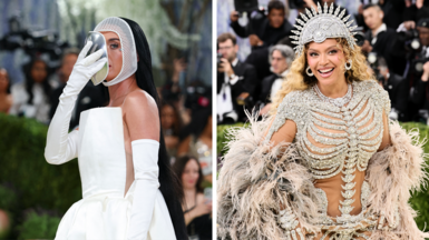 Katy Perry in white with a white mask on her face in a style similar to a fencer's mask and Beyonce Knowles in an ornate silver and diamond studded gown with head-dress 