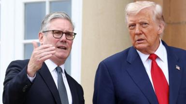 Donald Trump, right, stands next to Sir Keir Starmer at Turnberry golf course, with the Prime Minister gesturing with his right hand as he speaks