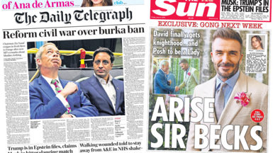 "Reform civil war over burka ban" reads the headline on the front page of The Daily Telegraph and "Arise Sir Becks" reads the headline on the front page of The Sun.