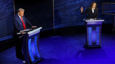 Democratic presidential nominee, U.S. Vice President Kamala Harris speaks during a presidential debate hosted by ABC as Republican presidential nominee, former U.S. President Donald Trump listens