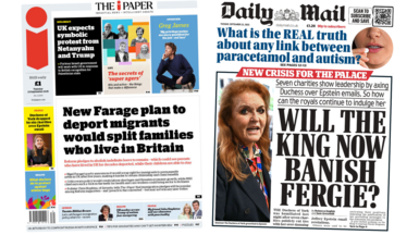 A composite image of The i Paper and the Daily Mail. The headline of the former reads "new Farage plan to deport migrants would split families who live in Britain" and the headline of the latter reads "will the King banish Fergie?"