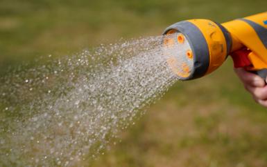 A hand holding a garden hose with water dripping from it. 