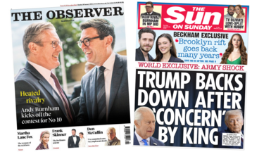 A composite image of the front pages of the Observer and the Sun on Sunday. "Heated rivalry" reads the headline on the front page of the former and "Trump backs down after 'concern' by King" reads the headline on the front page of the latter.