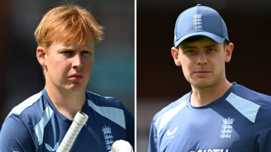 A split graphic of James Rew (left) and Jamie Smith (right) during England training sessions