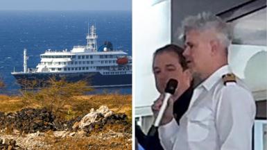 Split screen of captain speaking into a microphone and a cruise ship