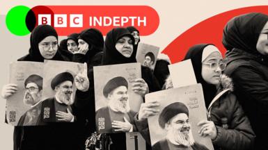 A treated image of women holding photos of former Hezbollah Leader Hassan Nasrallah 