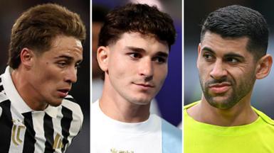 A split picture of Juventus winger Kenan Yildiz, Atletico Madrid striker Julian Alvarez and Tottenham defender Cristian Romero