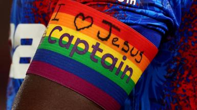 The rainbow captain's armband worn by Marc Guehi against Newcastle 