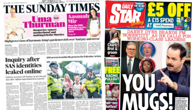 The front pages of The Sunday Times and The Daily Star are shown in a composite image. "Inquiry after SAS identities leaked online" reads the headline of the Times. "You mugs" reads the headline of the Daily Star.