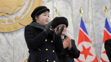 Kim Ju Ae, daughter of North Korean leader Kim Jong Un, attends a military parade to mark the 75th founding anniversary of North Korea's army, at Kim Il Sung Square in Pyongyang, North Korea February 8, 2023, in this photo released by North Korea's Korean Central News Agency (KCNA).