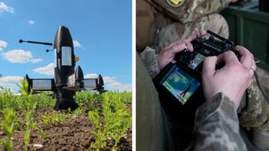 A composite image shows on the left an interceptor drone on the ground and on the right the hands of a soldier operating it.
