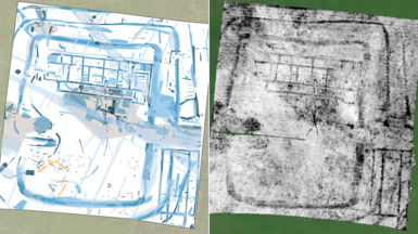 An interpretative sketch of the team's findings alongside the ground penetrating radar scan. The villa's individual rooms and corridors are clearly visible