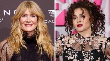 Laura dern headshot on the left and Helena Bonham Carter headshot on the right both at red carpet events looking glamorous
