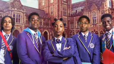 L-R: Toby (Sekou Diaby), Jaheim (Josh Tedeku), Leah (Jodi Campbell), Omar (Myles Kamwendo), Femi (Aruna Jalloh), all wearing purple school blazers