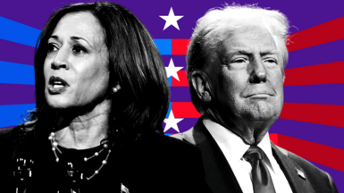 Kamala Harris and Donald Trump in black and white against a background of red, blue and purple stripes and three white stars.