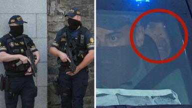 Composite image of officers outside court and Kinahan in the back of a police car in Dublin.