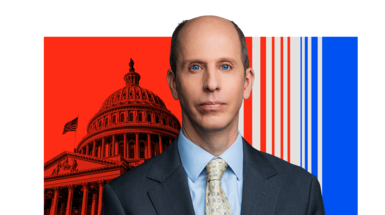 Anthony Zurcher with Washington landmarks and red white and blue stripes