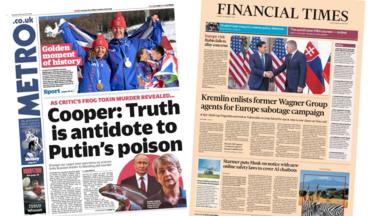 The front pages of the Metro and the Financial Times on 16 Feburary 2026.