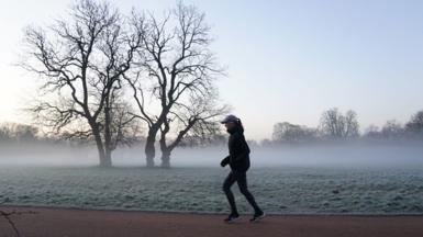 a woman jogging in thick morning fog, wearing black sportswear and a cap, frosty grass, trees with no leaves behind, under a crisp blue sky