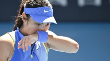 Emma Raducanu reacts during her Australian Open defeat
