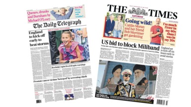 The headline on the front page of the Daily Telegraph reads: “England to kick off early to beat storms”. The headline on the front page of the Times reads: “US bid to block Miliband”.
