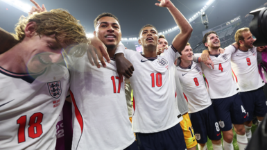 Anthony Gordon, Morgan Rogers and Jude Bellingham celebrate with team mates