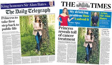 The headline in the Daily Telegraph reads 'Princess to take first step back to public life' and the headline in the Times reads 'Princess reveals toll of cancer treatment'