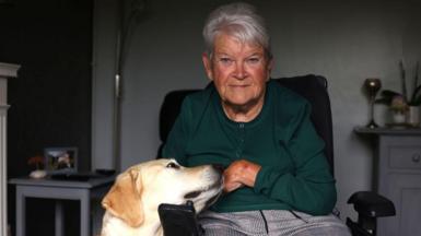 Anne is sitting in her electric wheelchair staring directly into the camera with a slight smile. She is wearing a bottle green cardigan and cheque trousers. Her dos is in the picturee laying it's head on Anne's lap.