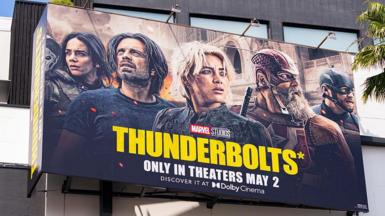 Thunderbolts advertising hoarding in the US featuring Florence Pugh in the centre