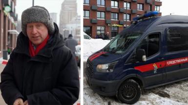 A splitscreen image. On the left, Steve Rosenberg standing in front of a police cordon. On the right, a dark blue police Russian police van.