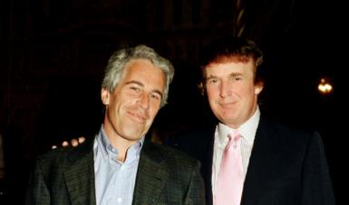 Jeffrey Epstein and Trump both pictured in suits, with Trump's arm around Epstein