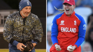 Split image of England's fielding coach in a sparkly jacket and Sophie Ecclestone roaring with delight after a catch