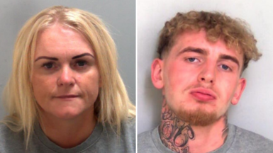 A composite image of Hollie Dance and Thomas Summers. Both are in police custody and wearing grey sweaters. Dance has shoulder-length blonde hair. Summers has curly blonde hair and a neck tattoo.
