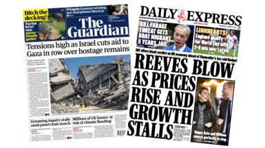 The headline on the front page of the Guardian reads: “Tensions high as Israel cuts aid to Gaza in row over hostage remains”. The headline on the front page of the Express reads: “Reeves blow as prices rise and growth stalls”.