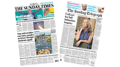 The headline on the front page of the Sunday Times reads: “Top universities cut entry grades as fewer foreign students apply”. The headline on the front page of the Sunday Telegraph reads: “Uefa set for full Infantino inquiry”.
