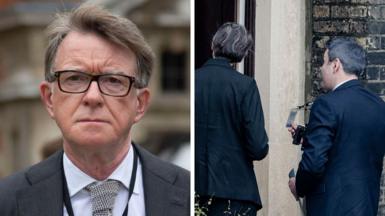 Split screen of Peter Mandelson and two plain clothes policeman arriving at one the addresses linked to him in London