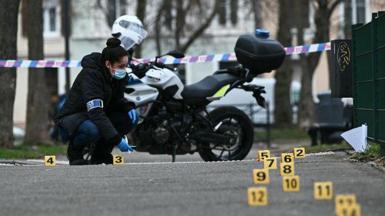 Image shows a forensic police worker collecting evidence following a knife attack in Mulhouse, eastern France, on 22 February, 2025