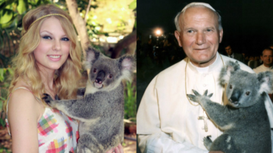 Taylor Swift and Pope John Paul II holding Lone Pine koalas