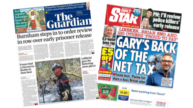 The headline on the front page of the Guardian reads: "Burnham steps in to order review in row over early prison releases". The headline on the front page of the Daily Star reads: “Gary's back of the net tax”.