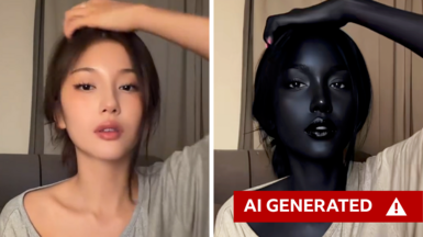 Composite image: On the left it shows a still from video of Riya Ulan. Her left arm is raised touching her head, she is looking straight at the camera with a grey curtain behind her. She has a light / olive complexion and dark hair, and is wearing a loose-fitting top with a wide neck. On the right is an AI generated image of a woman with artificially created, exceptionally dark skin in the same position, with the same clothing and backdrop. The BBC has marked the right hand image "AI generated" with a red label.