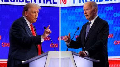 Donald Trump and Joe Biden take part in a 2024 presidential election on 27 June 2024