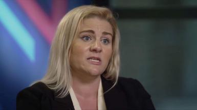 Victims minister Alex Davies-Jones, who has blonde hair and is wearing a black jacket, sits during an interview on Newsnight.